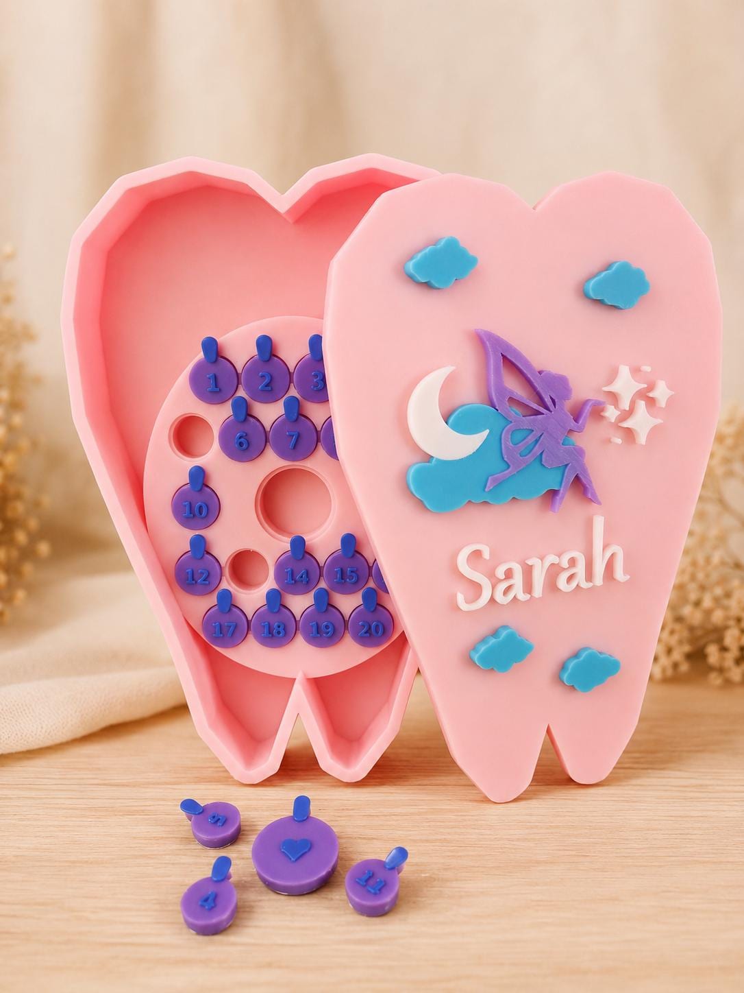 Boîte à dents de lait personnalisée fée rose pastel | Boîte souvenir dents enfant | Cadeau petite fille prénom personnalisé