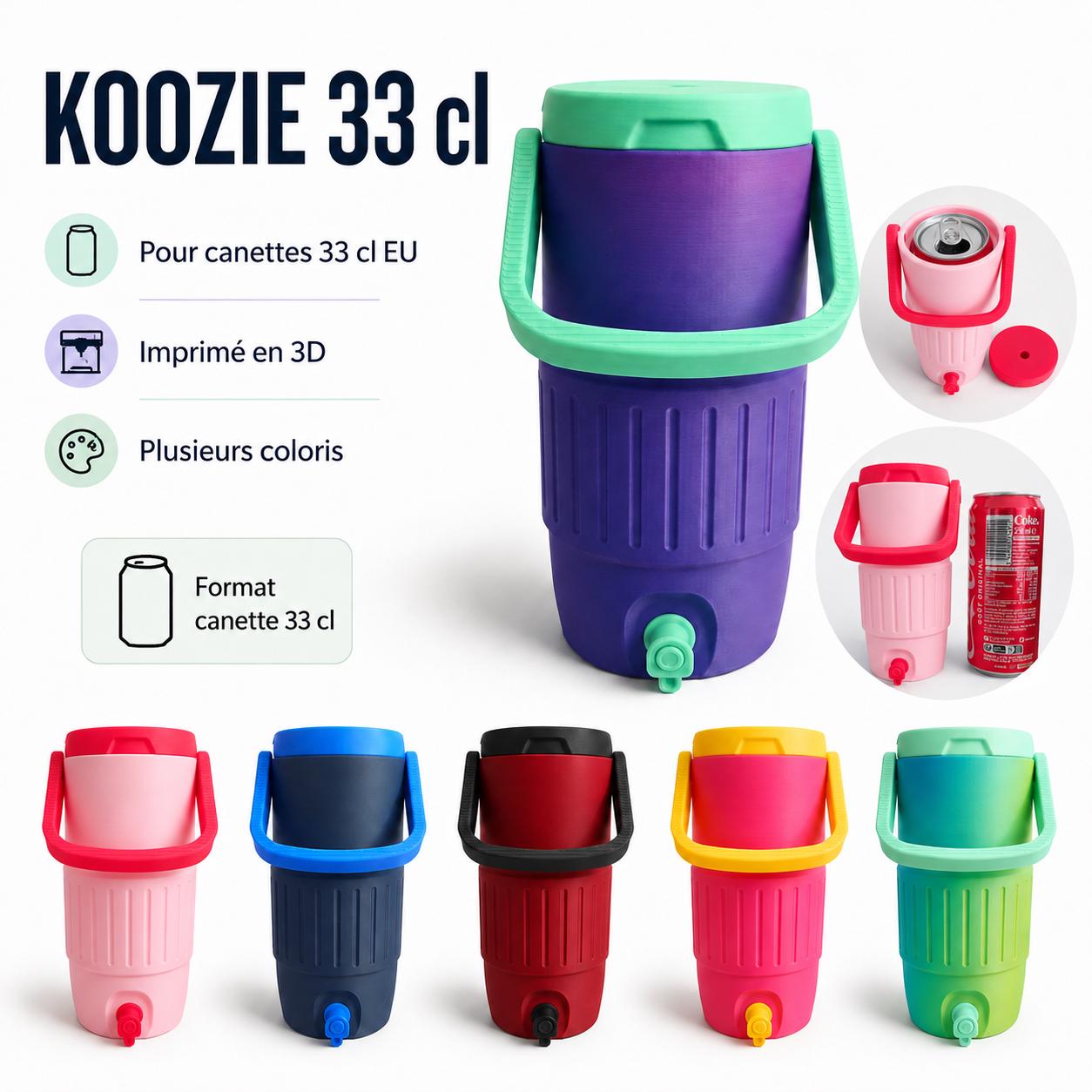 Porte-canette 33 cl imprimé en 3D, koozie pour canette EU, support boisson coloré, accessoire apéro barbecue, cadeau original, porte-canette