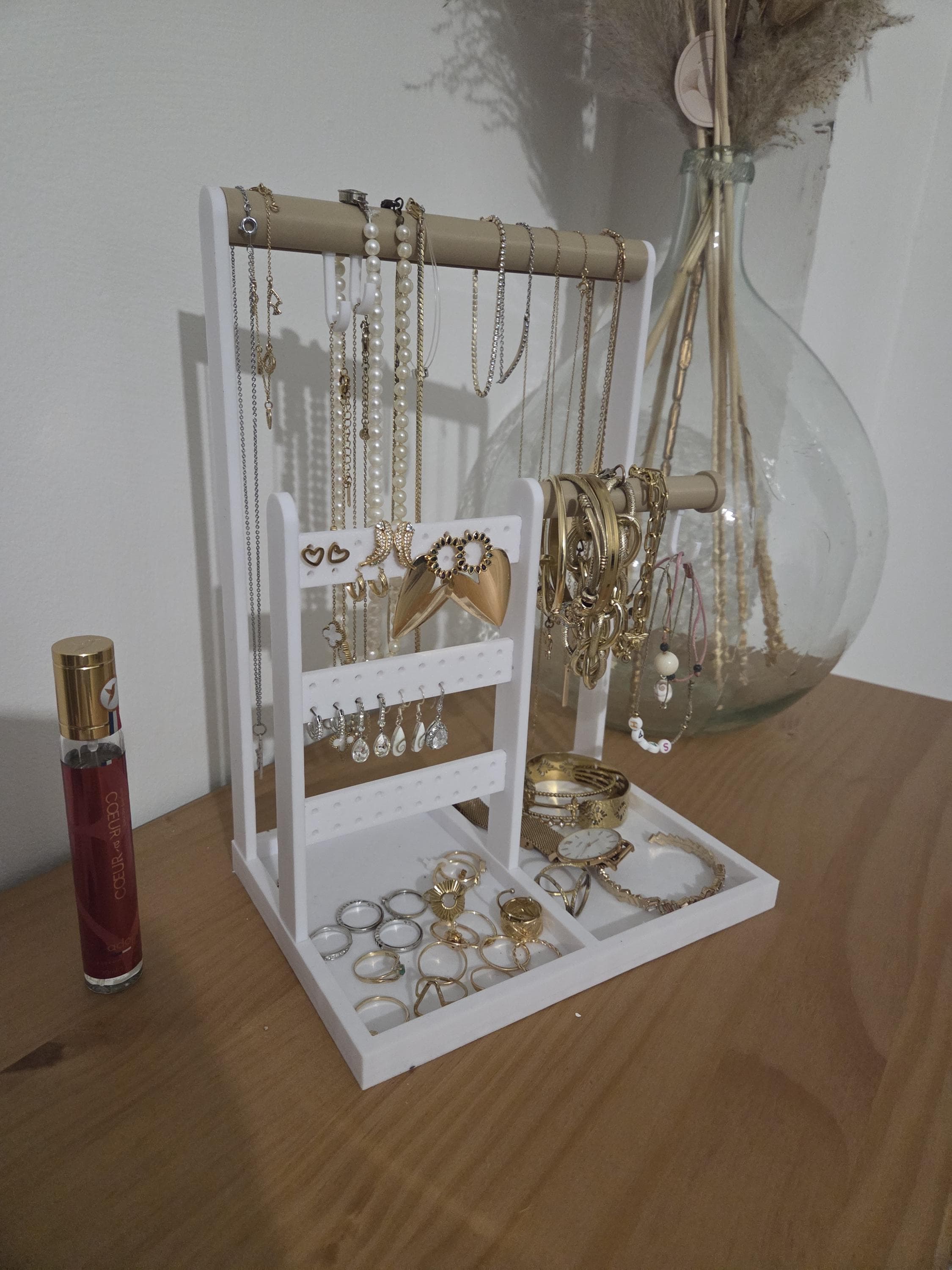Présentoir à bijoux 3-en-1 | Porte-colliers & bracelets + support boucles d’oreilles + vide-poche bagues | Organisateur coiffeuse
