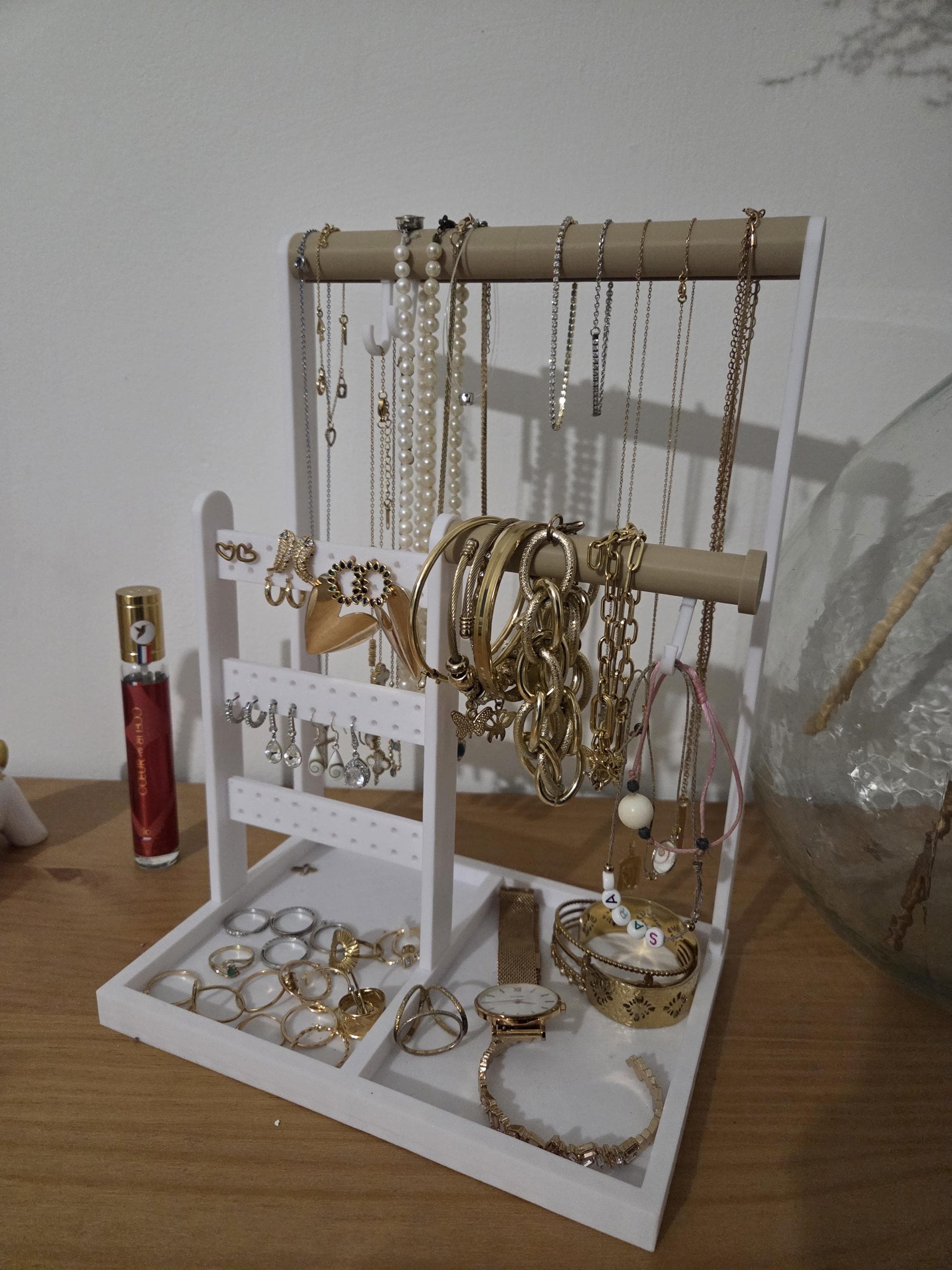 Présentoir à bijoux 3-en-1 | Porte-colliers & bracelets + support boucles d’oreilles + vide-poche bagues | Organisateur coiffeuse