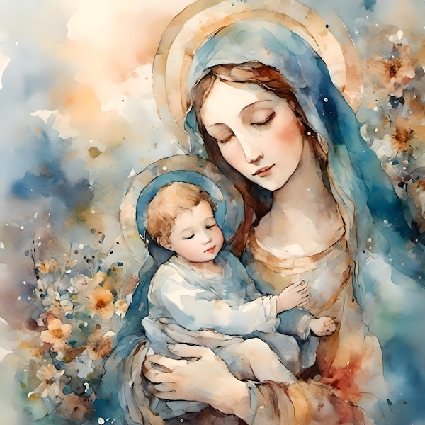 Mary holding Baby Jesus,  Chrisitan Jesus art,  Catholic Jesus art, Gift , wall art ,Watercolor Digital Print Download