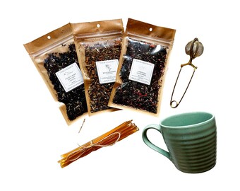 Tea Lovers Gift Set | 3 Pack Organic Loose Leaf Tea | Mix & Match | Honey Sticks, Strainer and Mug