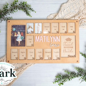 May include: A wooden photo frame with spaces for photos and text. The frame includes the name "MATILYNN Grace" in pink letters, spaces for school years, and the phrase "The Tassel Was Worth The Hassle".
