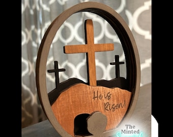 Resurrection Egg Decor - He is Risen - Laser cut file - tiered tray decor - religious easter decorations - layered cut file - wood cross