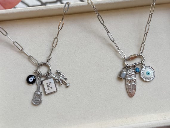 Silver:Charm Bar Necklace | Build Your Own Charm Necklace System | Carabiner Necklace Base | Stainless Steel Custom Jewellery | Gift for Her