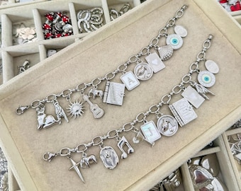 Custom Silver Charm Bracelet, Personalised Bracelet, Build-your-own, Charm Bar, Stainless Steel, Tarnish-free jewellery