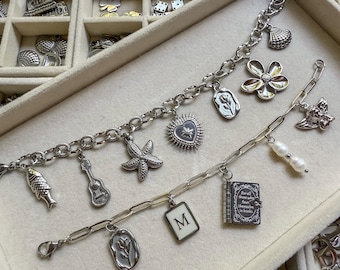 Bransoletka z zawieszkami ze srebra na zamówienie, spersonalizowana bransoletka, stwórz własną, pasek z zawieszkami