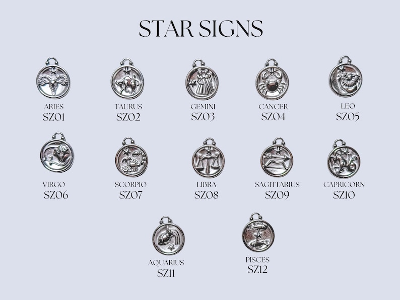 K&ouml;nnte beinhalten: Eine Sammlung von zw&ouml;lf runden, silberfarbenen Metall-Sternzeichen-Anh&auml;ngern mit der &Uuml;berschrift STAR SIGNS. Jeder Anh&auml;nger zeigt ein gepr&auml;gtes astrologisches Symbol mit Namen und Code, von Aries SZ01 bis Pisces SZ12, in Reihen angeordnet.