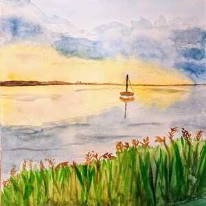 Original Aquarellbild Boot im Sonnenuntergang Bild 1