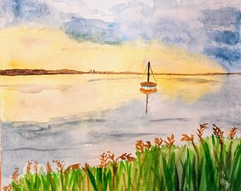 Original watercolor painting boat at sunset