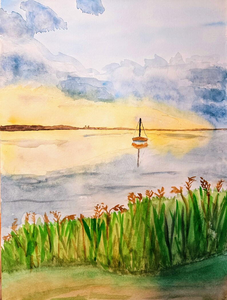 Original Aquarellbild Boot im Sonnenuntergang Bild 1