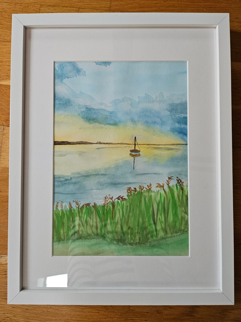 Original Aquarellbild Boot im Sonnenuntergang Bild 2