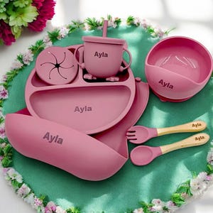Personalized Silicone Baby Feeding Set, Customized Weaning Set for Toddler Baby Kids, Engraved Toddler Bib, Baby Plate, Tableware For Kids