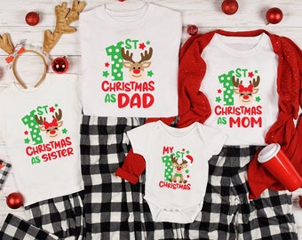 My First Christmas Reindeer Shirt for Baby and Family, 1st Christmas Shirt with Reindeer Design, Baby’s 1st Christmas Tshirt, Christmas Gift