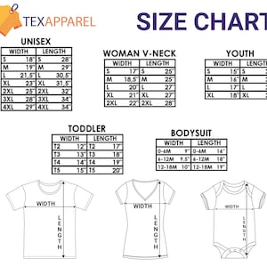 K&ouml;nnte beinhalten: Gr&ouml;&szlig;entabelle f&uuml;r Unisex-, Damen-V-Ausschnitt-, Jugend-, Kleinkind- und Bodyshirts. Die Tabelle zeigt die Breite und L&auml;nge in Zoll f&uuml;r jede Gr&ouml;&szlig;e.