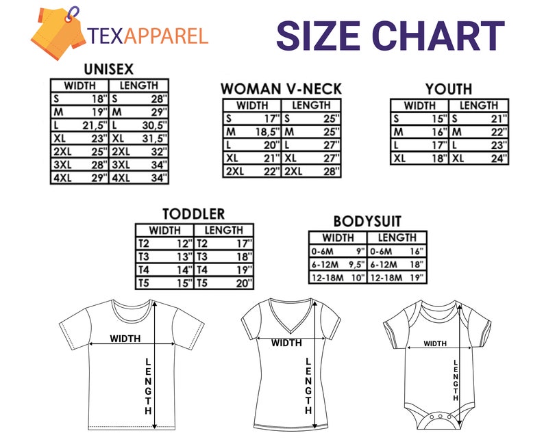 K&ouml;nnte beinhalten: Gr&ouml;&szlig;entabelle f&uuml;r Unisex-, Damen-V-Ausschnitt-, Jugend-, Kleinkind- und Bodyshirts. Die Tabelle zeigt die Breite und L&auml;nge in Zoll f&uuml;r jede Gr&ouml;&szlig;e.