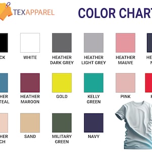 K&ouml;nnte beinhalten: Farbkarte mit 16 verschiedenen Farben von T-Shirts. Die Farben umfassen Schwarz, Wei&szlig;, Heather Dunkelgrau, Heather Hellgrau, Heather Mauve, Heather Navy, Heather Tiefblau, Heather Maroon, Gold, Kelly Gr&uuml;n, Pink, Rot, Heather Peach, Sand, Milit&auml;rgr&uuml;n und Navy.
