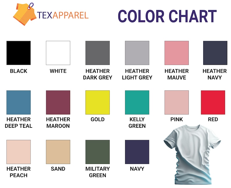 K&ouml;nnte beinhalten: Farbkarte mit 16 verschiedenen Farben von T-Shirts. Die Farben umfassen Schwarz, Wei&szlig;, Heather Dunkelgrau, Heather Hellgrau, Heather Mauve, Heather Navy, Heather Tiefblau, Heather Maroon, Gold, Kelly Gr&uuml;n, Pink, Rot, Heather Peach, Sand, Milit&auml;rgr&uuml;n und Navy.
