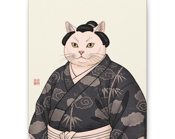 Sumo Cat Mini Canvas | Navy Yukata Small Wall Art Print | Japanese Ukiyo-e Cat Decor
