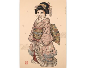 Maiko Cat Kimono Canvas Art | Japanese Geisha Cat Wall Print | Ukiyo-e Style Cat Decor