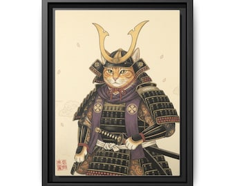 Samurai Cat Ukiyo-e Canvas | Framed Japanese Warrior Cat Wall Art | Cat Lover Gift Print
