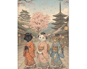 Alfombra Maiko Cat Trio / Gatos kimono japoneses, escena callejera con cerezos en flor