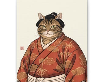 Mini Sumo Cat Canvas | Red Yukata Small Japanese Wall Art | Ukiyo-e Cat Print