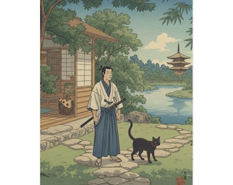 Samurai Black Cat Poster | Japanese Ukiyo-e Summer Wall Art | Rolled Print
