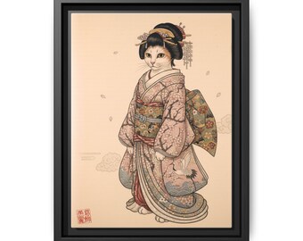 Cat in Kimono Canvas Print | Ukiyo-e Style Japanese Wall Art | Framed Cat Portrait Decor