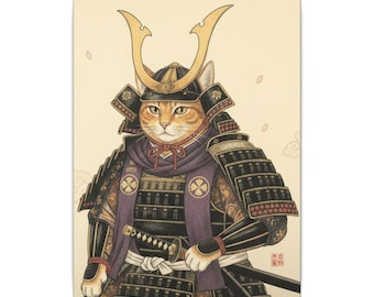Samurai Cat Canvas Wall Art | Japanese Warrior Cat Print | Ukiyo-e Style Stretched Canvas