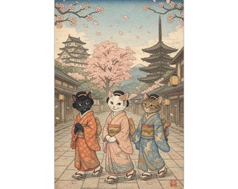 Three Maiko Cats Canvas | Japanese Kimono Cat Wall Art | Ukiyo-e Style Cat Portrait Print