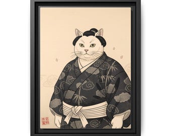Sumo Cat Ukiyo-e Illustration Matte Canvas Framed
