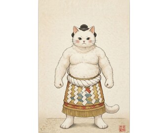 Sumo Cat Canvas Print | Yokozuna Cat Portrait Wall Art | Japanese Ukiyo-e Style Cat Decor