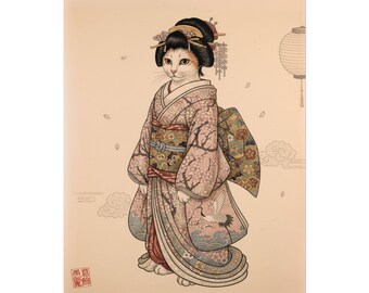 Maiko Cat Poster | Floral Kimono Kyoto Style Wall Art | Japanese Ukiyo-e Print