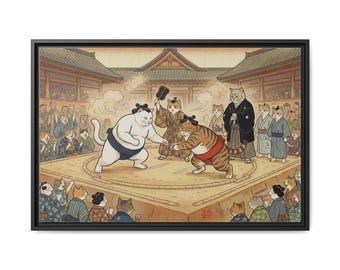 Sumo Cats Wrestling Canvas | Grand Sumo Match Japanese Wall Art | Ukiyo-e Framed Cat Print