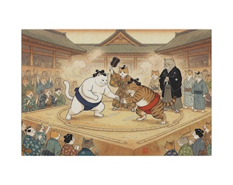 Sumo Cat Tournament Canvas | Japanese Wrestling Cat Wall Art | Ukiyo-e Style Print