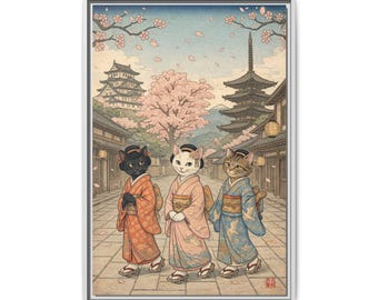 Maiko Cat Kimono Canvas | Kyoto Spring Street Japanese Wall Art | Ukiyo-e Cat Print Framed