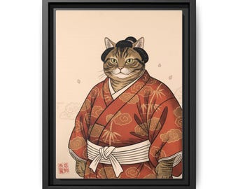 Sumo Cat Red Kimono Canvas | Ukiyo-e Style Japanese Wall Art | Sumo Wrestler Cat Print