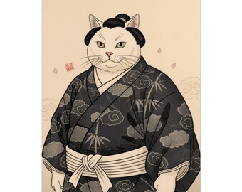 Sumo Cat Art Poster | Japanese Ukiyo-e Cat Wall Art | Rolled Print