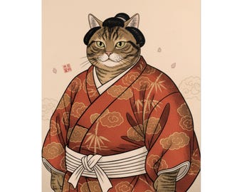 Red Sumo Cat Poster | Japanese Ukiyo-e Wrestler Cat Wall Art, Rolled Print