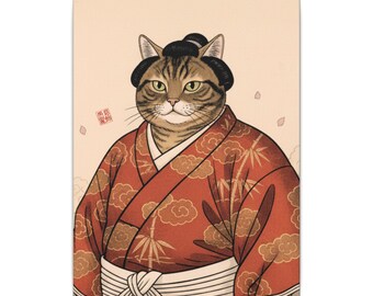 Sumo Cat Red Yukata Canvas | Japanese Wall Art Cat Print | Ukiyo-e Style Sumo Decor