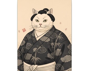 White Sumo Cat Canvas | Japanese Wall Art Cat Print | Ukiyo-e Style Sumo Decor