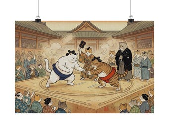 Sumo Cats Ukiyo-e Poster | Japanese Cat Wrestling Wall Art | Horizontal Matte Print