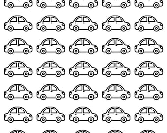 May include: Black and white illustration of a new car. The image shows 50 cars in total, with the text "Each =" and "Total =" above the cars.