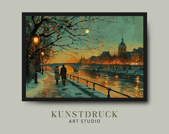 Impresión artística de una escena invernal parisina: Vista romántica del río Sena (descarga digital)