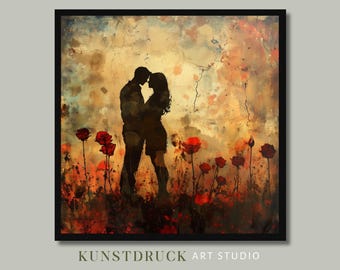 Impresión artística de una pareja en un campo de rosas rojas: silueta romántica (descarga digital)