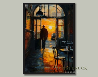 Pintura al óleo "Café Atardecer": Impresión de arte contemporáneo melancólico (Descarga digital)
