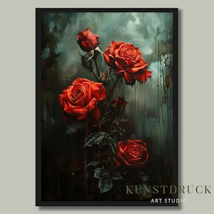 Moody Red Roses Wall Art | Dark Floral Digital Print | Downloadable Oil Painting Style Decor for Living Room, Bedroom | Elegant Flower Art