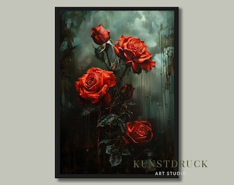 Impresión al óleo de rosas rojas melancólicas (descarga digital)