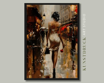 Impresión artística de París romántico bajo la lluvia / Mujer con vestido blanco (Descarga digital)
